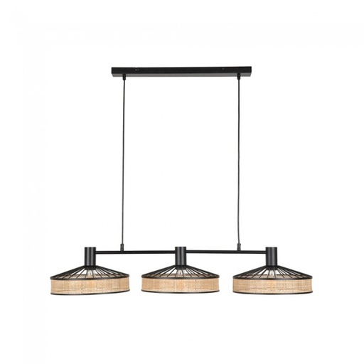 Lustre 3 lampes zelie métal noir et cannage naturel