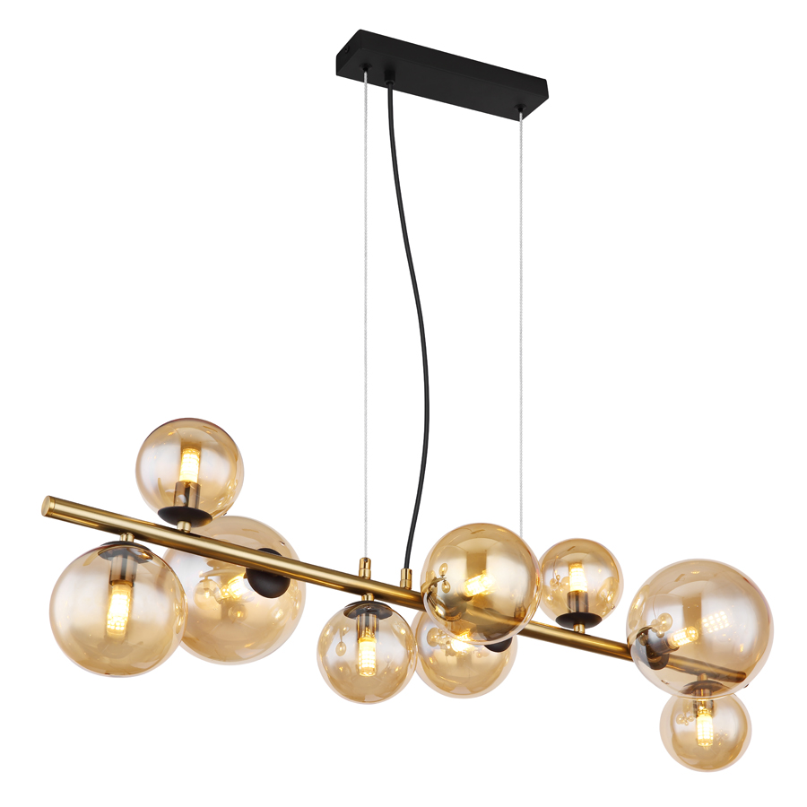 Lustre 9 lampes riha en métal noir, laiton et verre ambre