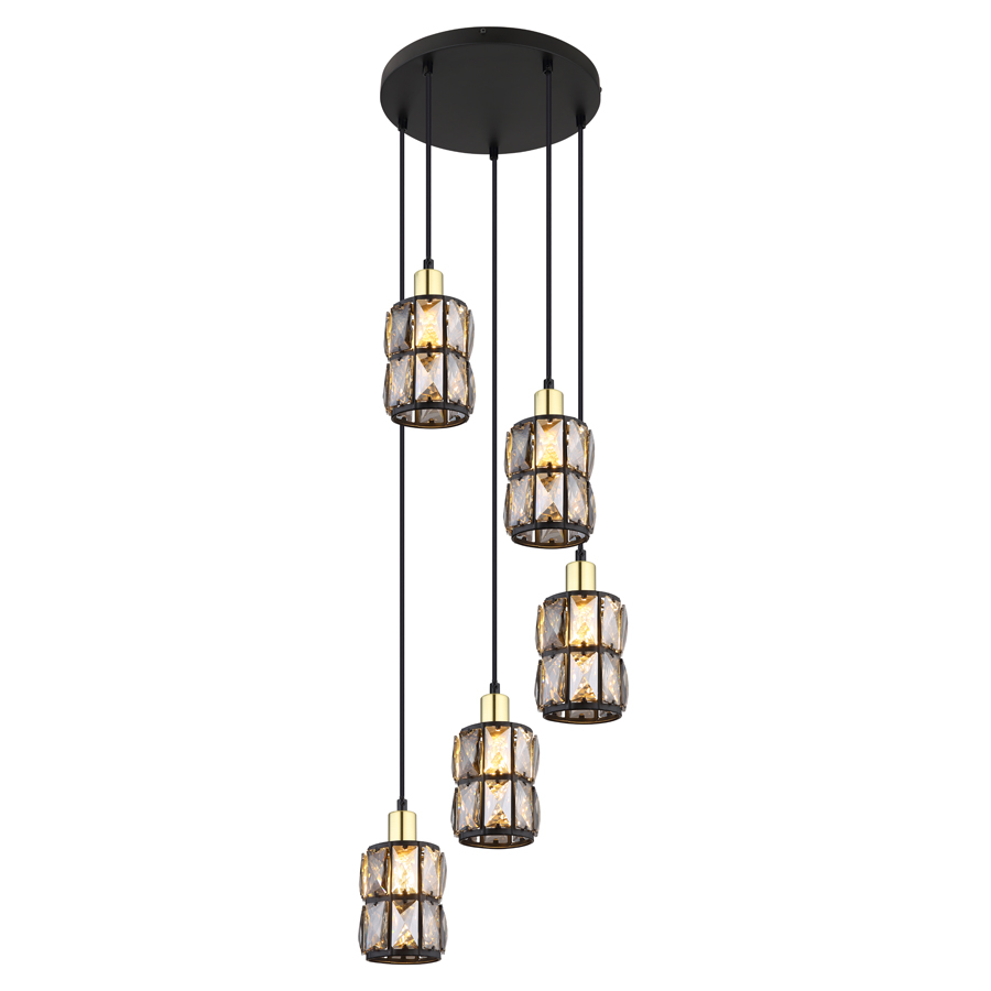 Lustre 5 lampes wolli métal noir et cristaux de verre
