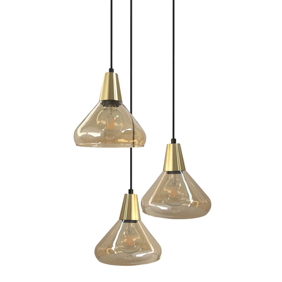 ANDREW - Lustre 3 lampes en métal laiton brossé et verre ambre clair