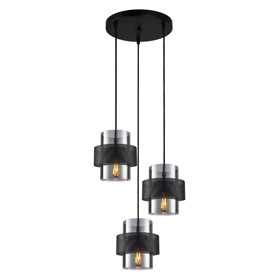 CARABANE - Lustre 3 lampes en métal noir et verre mercurisé Ø46
