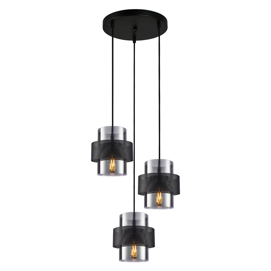 Lustre 3 lampes carabane  en métal noir et verre mercurisé