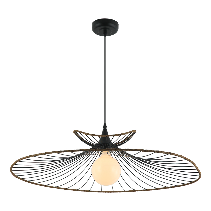 Suspension Flight en métal noir et rotin naturel