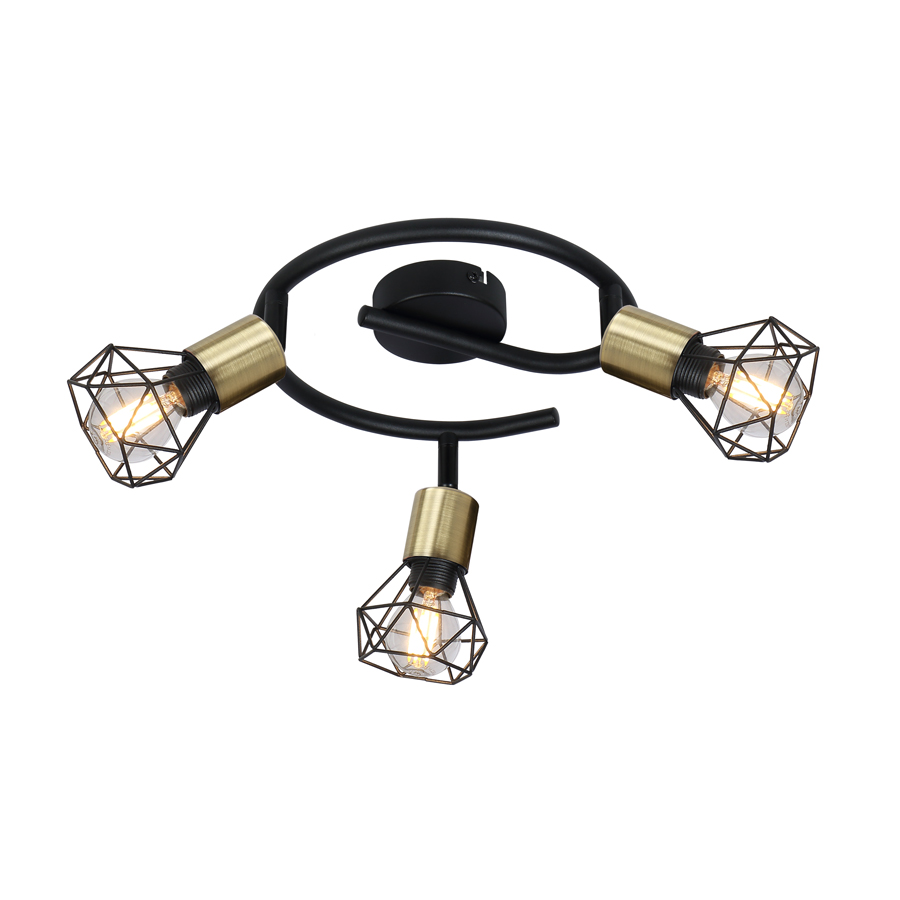 Spot/plafonnier Xara I 3 lampes métal noir laiton vieilli