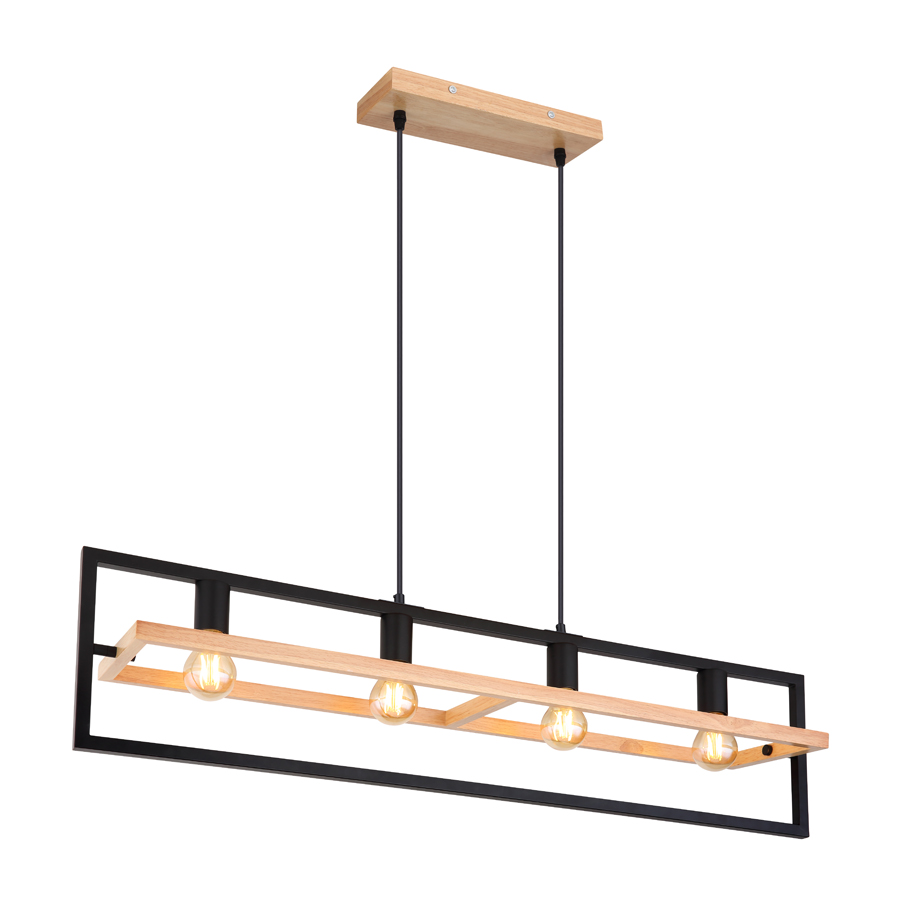 Lustre 4 lampes erica en métal noir et bois naturel