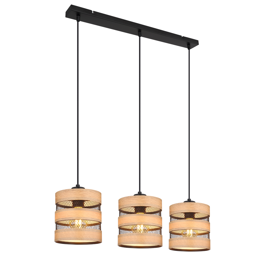 SOENI - Lustre 3 lampes en métal noir et bois naturel