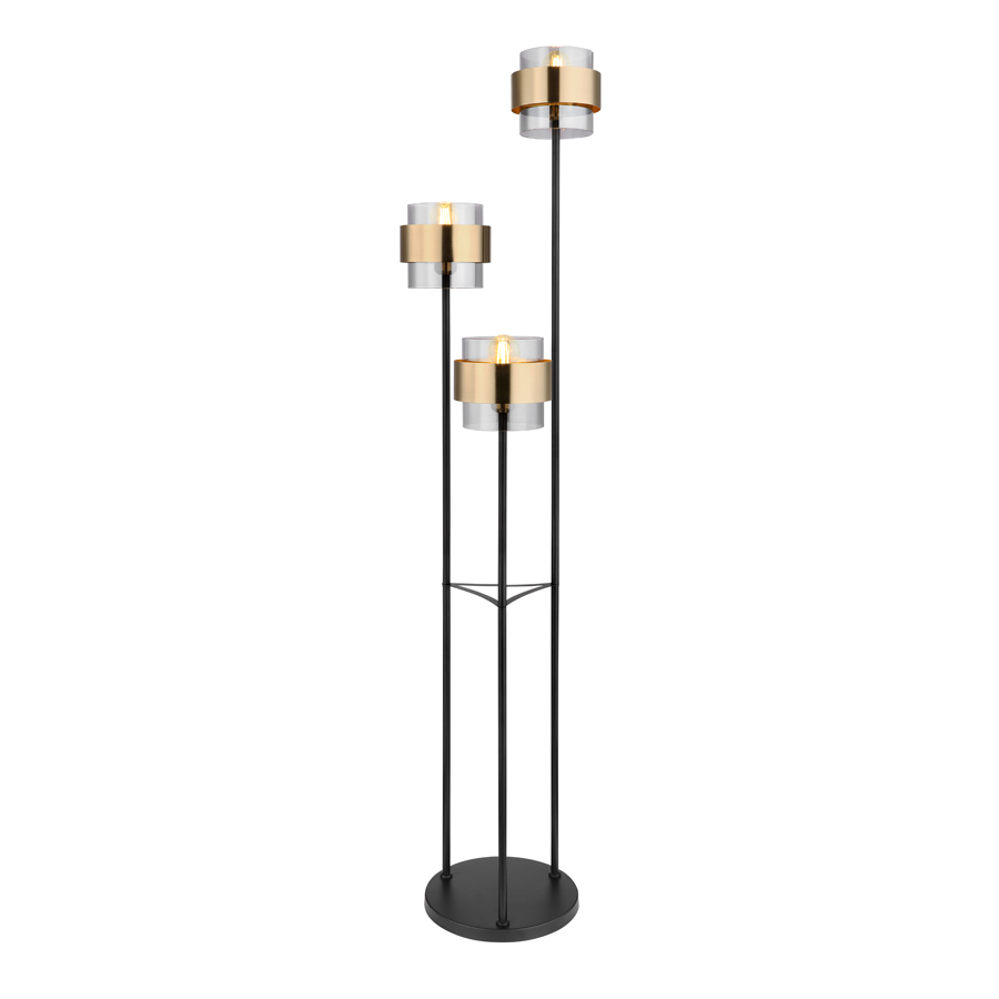 Lampadaire Milley 3 lampes en métal noir mat et verre fumé, anneau de laiton