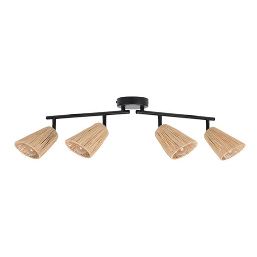 Lustre/ Plafonnier Playa 4 lampes en métal peint et abat-jour forme conique en raphia naturel