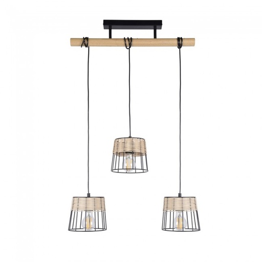Lustre 3 lampes indah en métal et abat-jour en rotin naturel