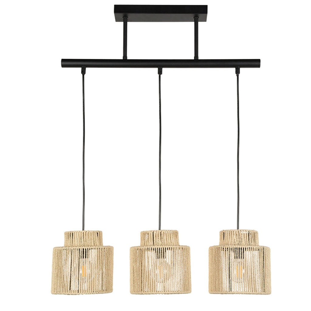 Lustre 3 lampes cancun en métal noir et cordelette de papier tressée naturel