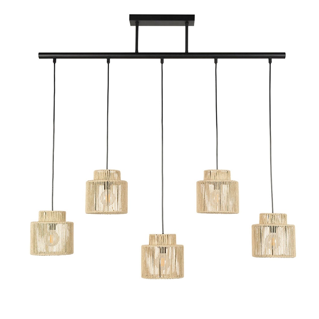 Lustre 5 lampes cancun en métal noir et cordelette de papier tressée naturel