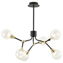 Lustre 6 lampes éclat en métal noir, laiton et verre transparent