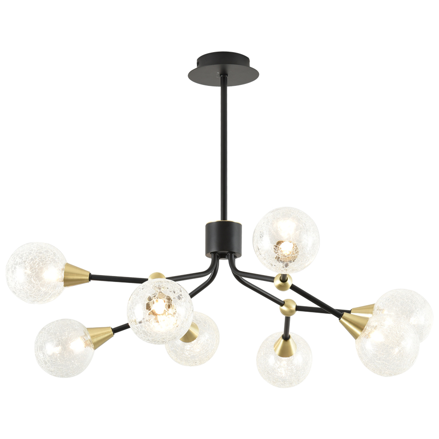 Lustre 8 lampes éclat en métal noir, laiton et verre transparent