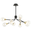 Lustre 8 lampes éclat en métal noir, laiton et verre transparent