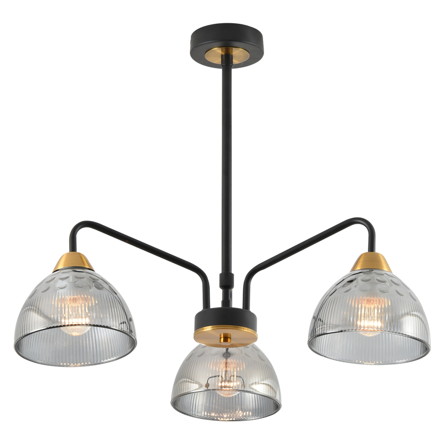 Lustre 3 lampes Léonore en métal noir, laiton et verre fumé