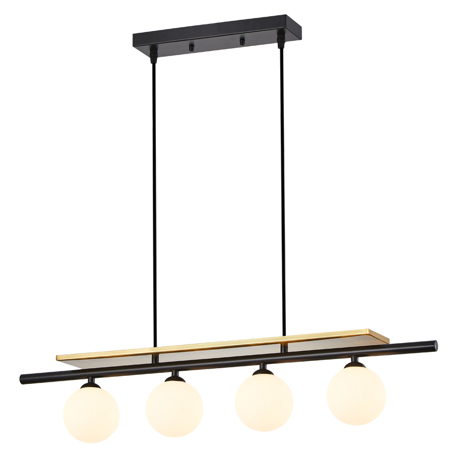 Lustre 4 lampes Champagne en métal noir, laiton et verre blanc