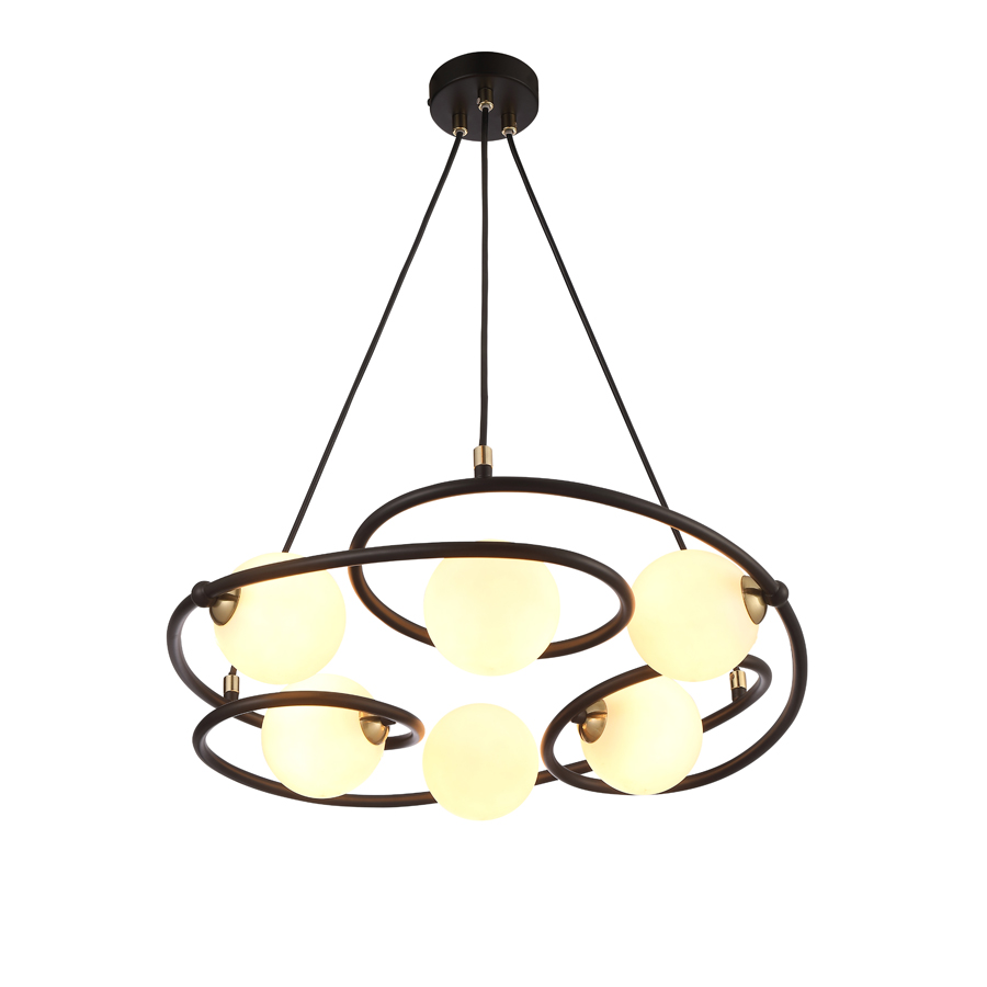 Champagne Lustre 6 lampes en noir mat et verre blanc