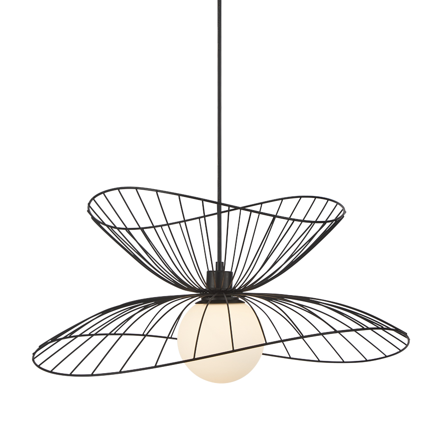 Suspension sophiste en métal filaire noir verre blanc