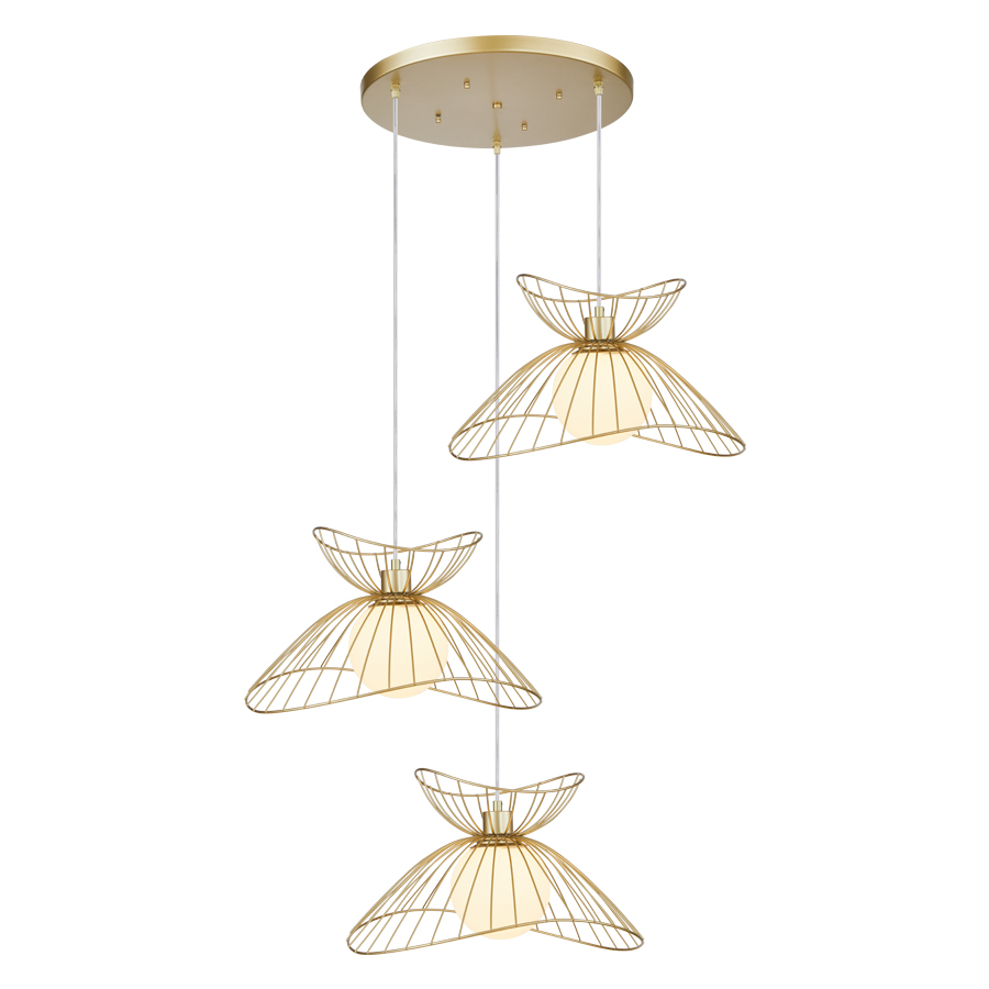 Lustre 3 lampes sophiste en métal filaire doré verre blanc