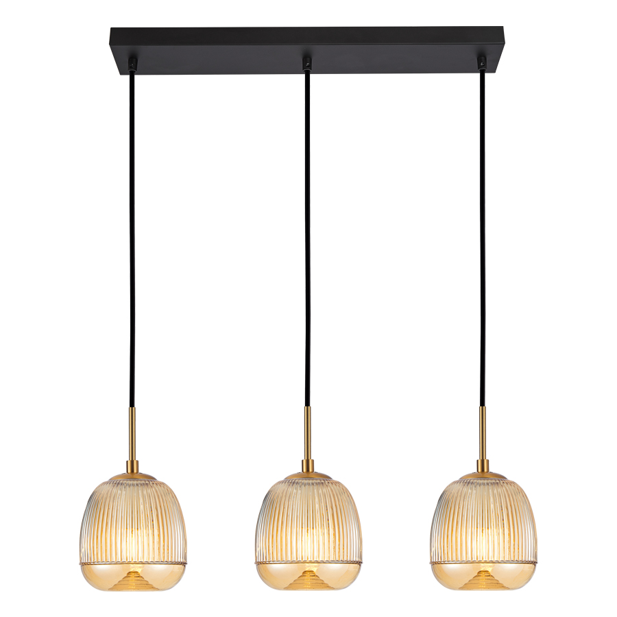 Lustre 3 lampes Carina en métal noir et verre ambre