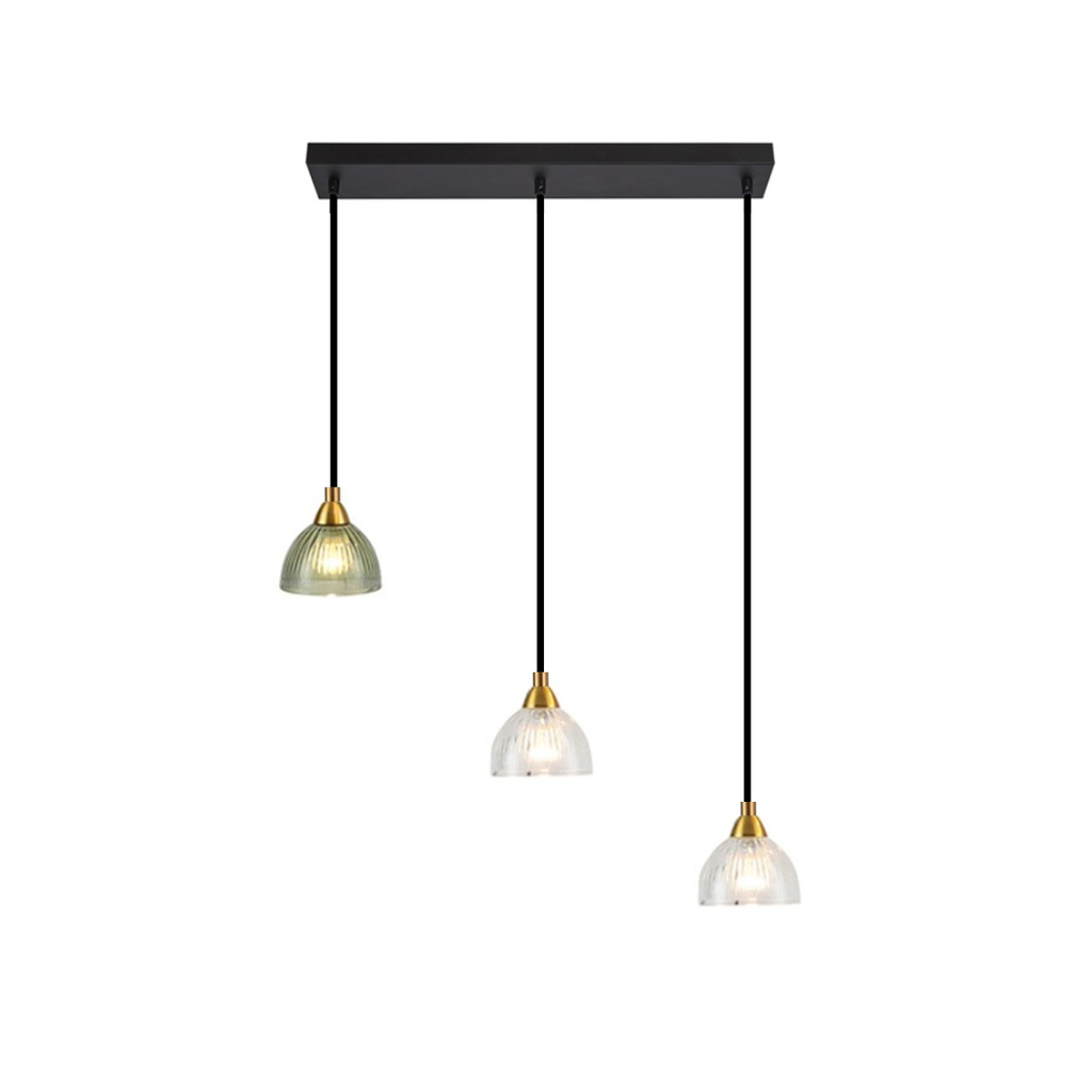 Lustre 3 lampes Zadar en métal cognac et doré avec verre ambré