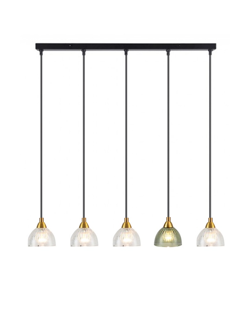 Lustre 5 lampes Zadar en métal cognac  et doré avec verre ambré