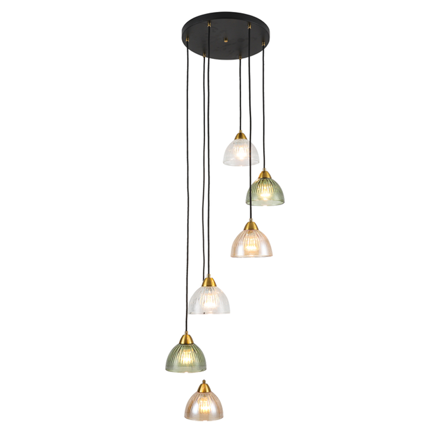Lustre 6 lampes Split en métal cognac noir doré et verre clair, vert