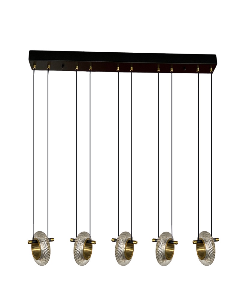 Lustre 5 lampes LED Austral en métal noir et or, cristal acrylique