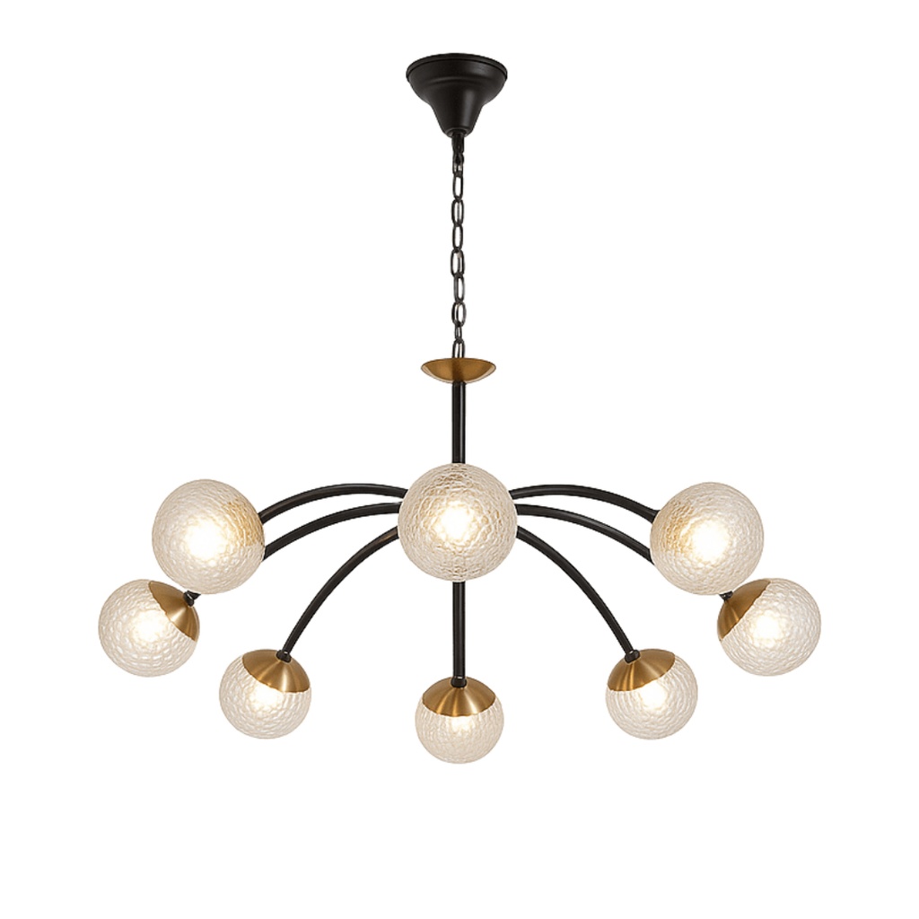 Lustre 8 lampes nectar en métal noir brossé laiton et verre transparent