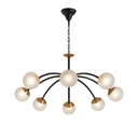 Lustre 8 lampes nectar en métal noir brossé laiton et verre transparent