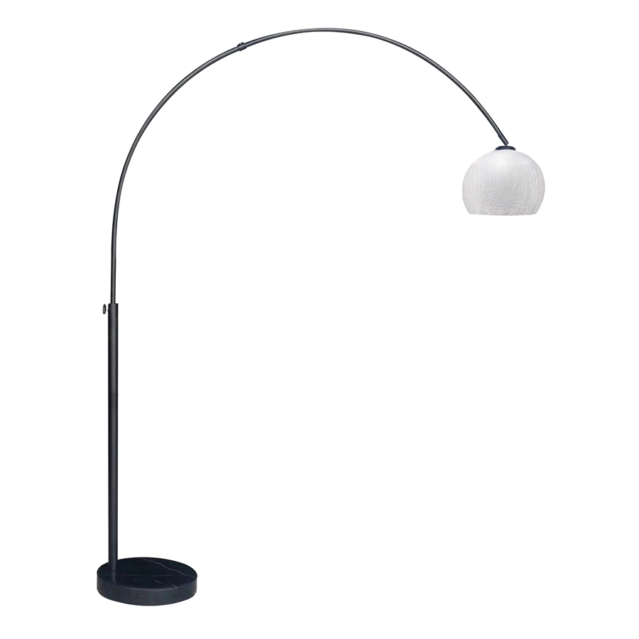 Lampadaire arc en métal noir sable et abat-jour verre blanc givré