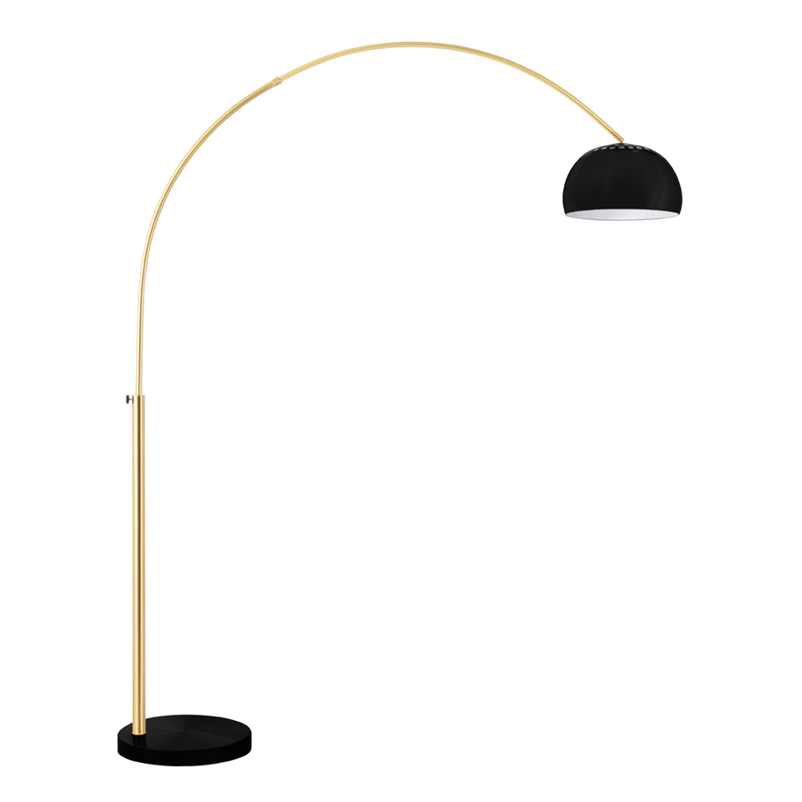 Lampadaire arc en métal doré brosse et abat-jour verre noir