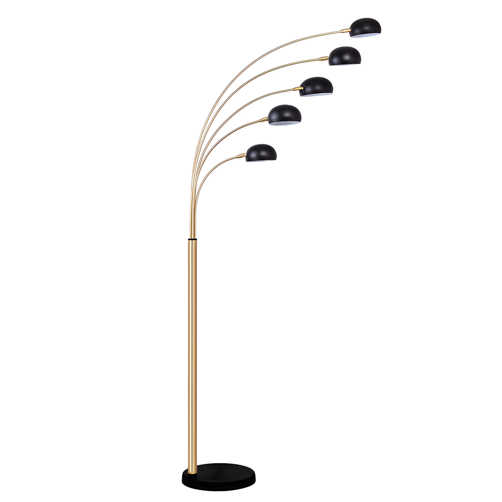 Lampadaire Seymour 5 lampes en métal laiton brossé et abat-jour noir