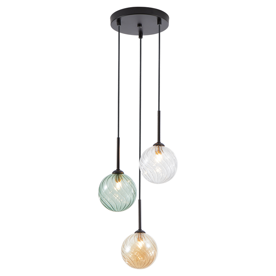 Lustre 3 lampes Moissac G9 en métal noir et verre multicolore
