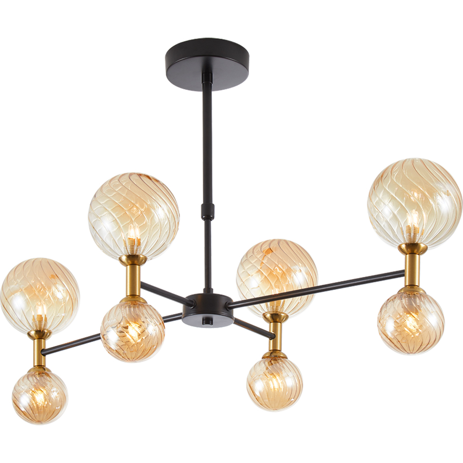 Lustre 8 lampes canillo en métal noir, laiton et verre ambre
