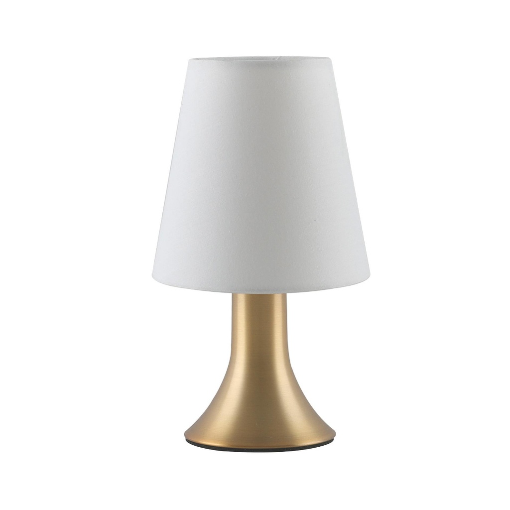 Lampe à poser Clairon en metal laiton antique avec abat-jour tambour blanc