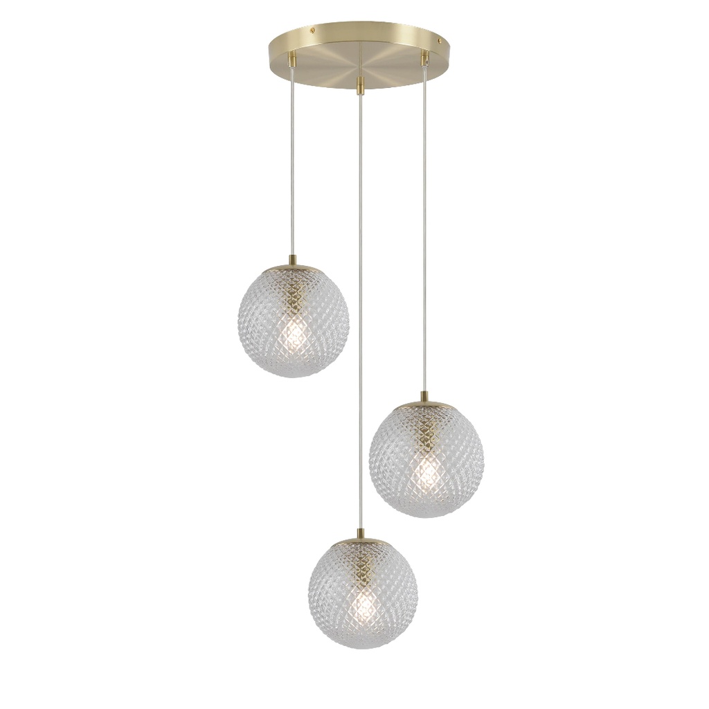 Lustre 3 lampes Haloa en métal laiton vieilli et verre ciselé