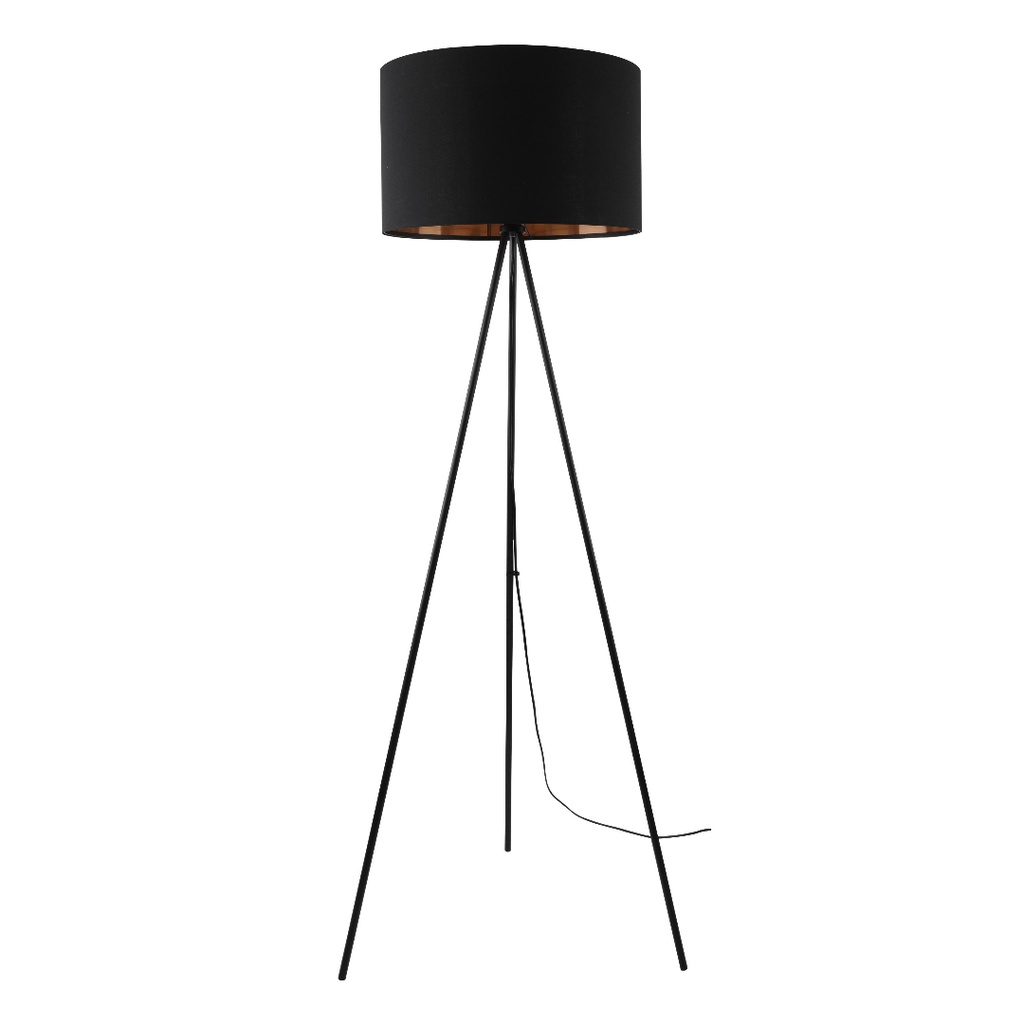 Lampadaire trépied Carpara en métal avec abat-jour noir mat doré