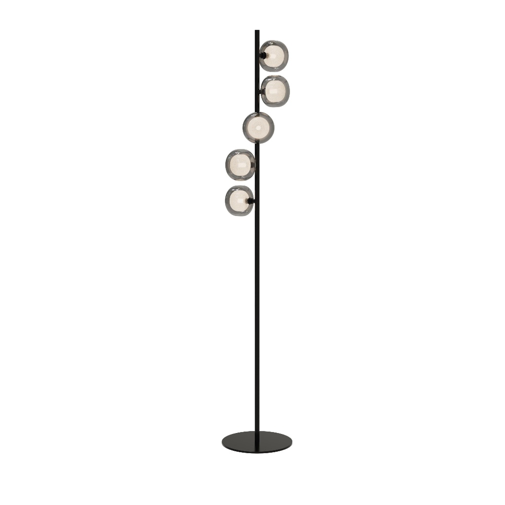 Lampadaire Zora 5 lampes en métal noir mat avec verre fumé opale