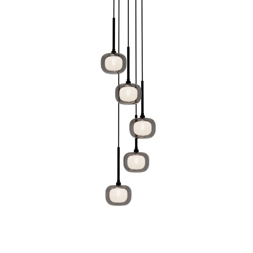 Lustre Zora 5 lampes en métal noir mat avec verre fumé opale