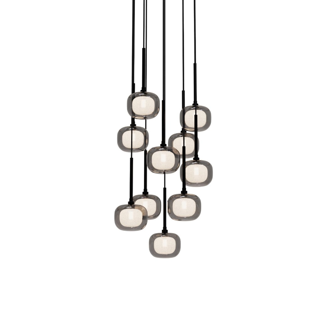 Lustre Zora 10 lampes en métal noir mat avec verre fumé opale