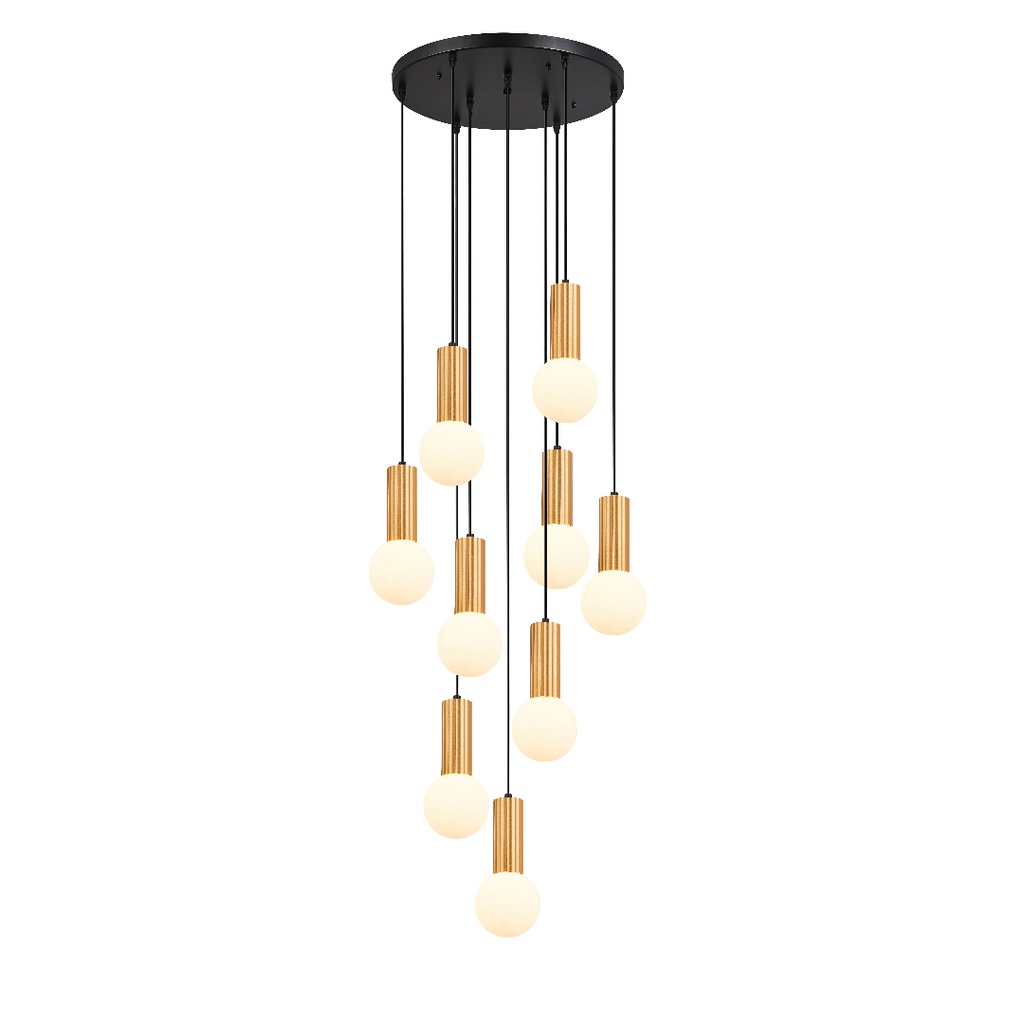 Lustre 9 lampes Candelis en metal noir avec verre opaque dorée