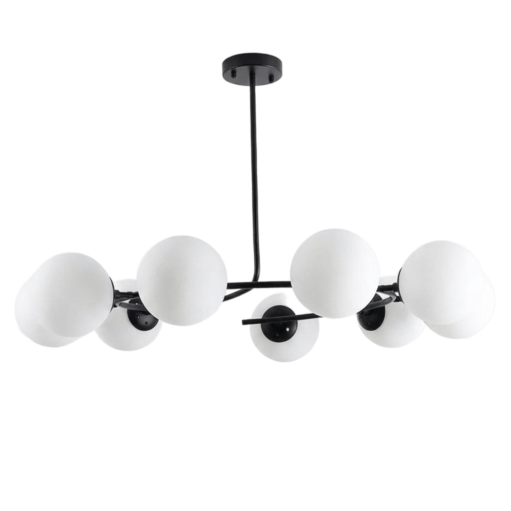 Lustre Orion 9 lampes en métal noir et verre blanc