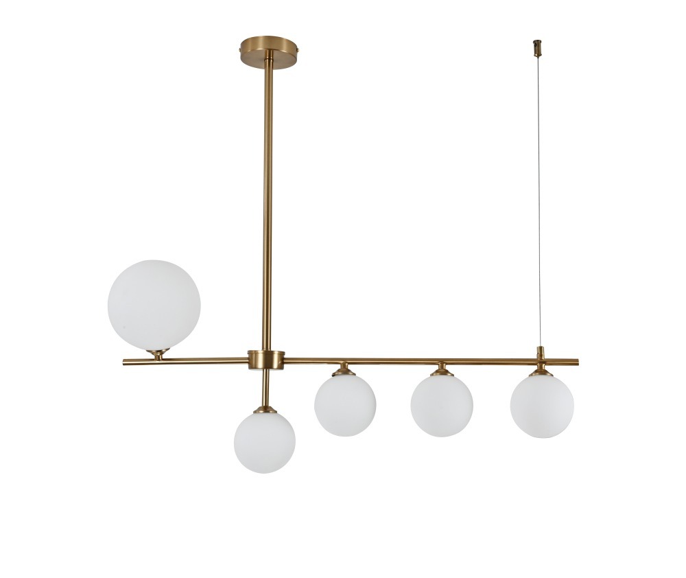 Lustre Royale 5 lampes en métal doré et verre blanc