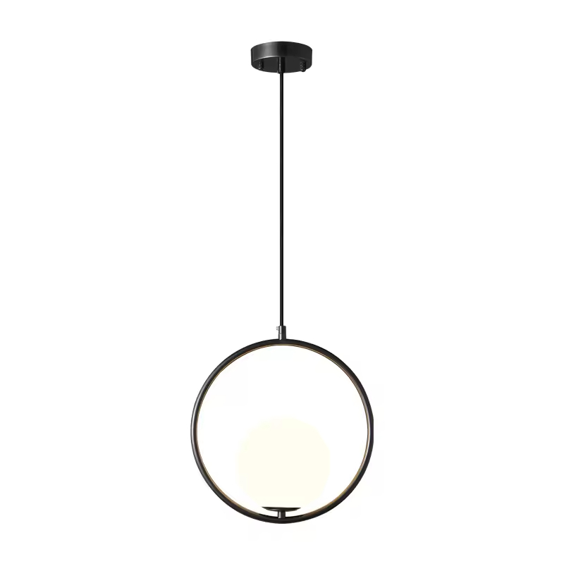 Suspension Adrienna en metal noir et verre blanc opale