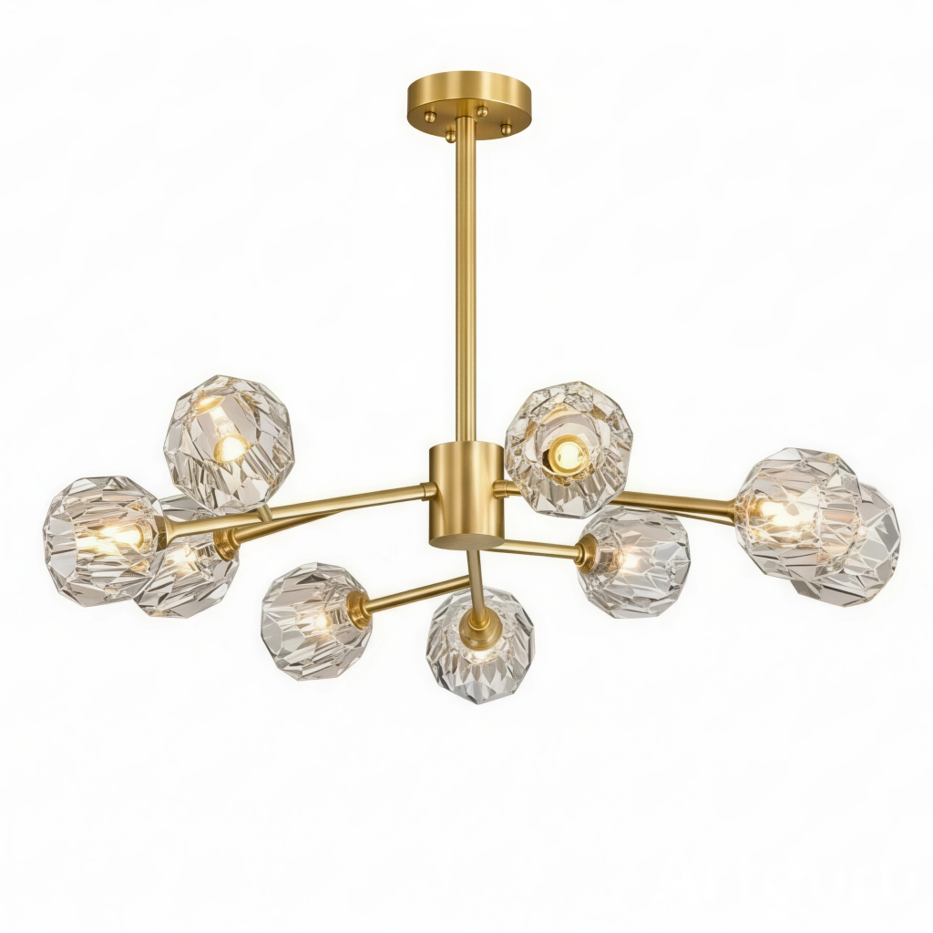 Lustre Diamant 9 lampes en métal doré et verre cristal