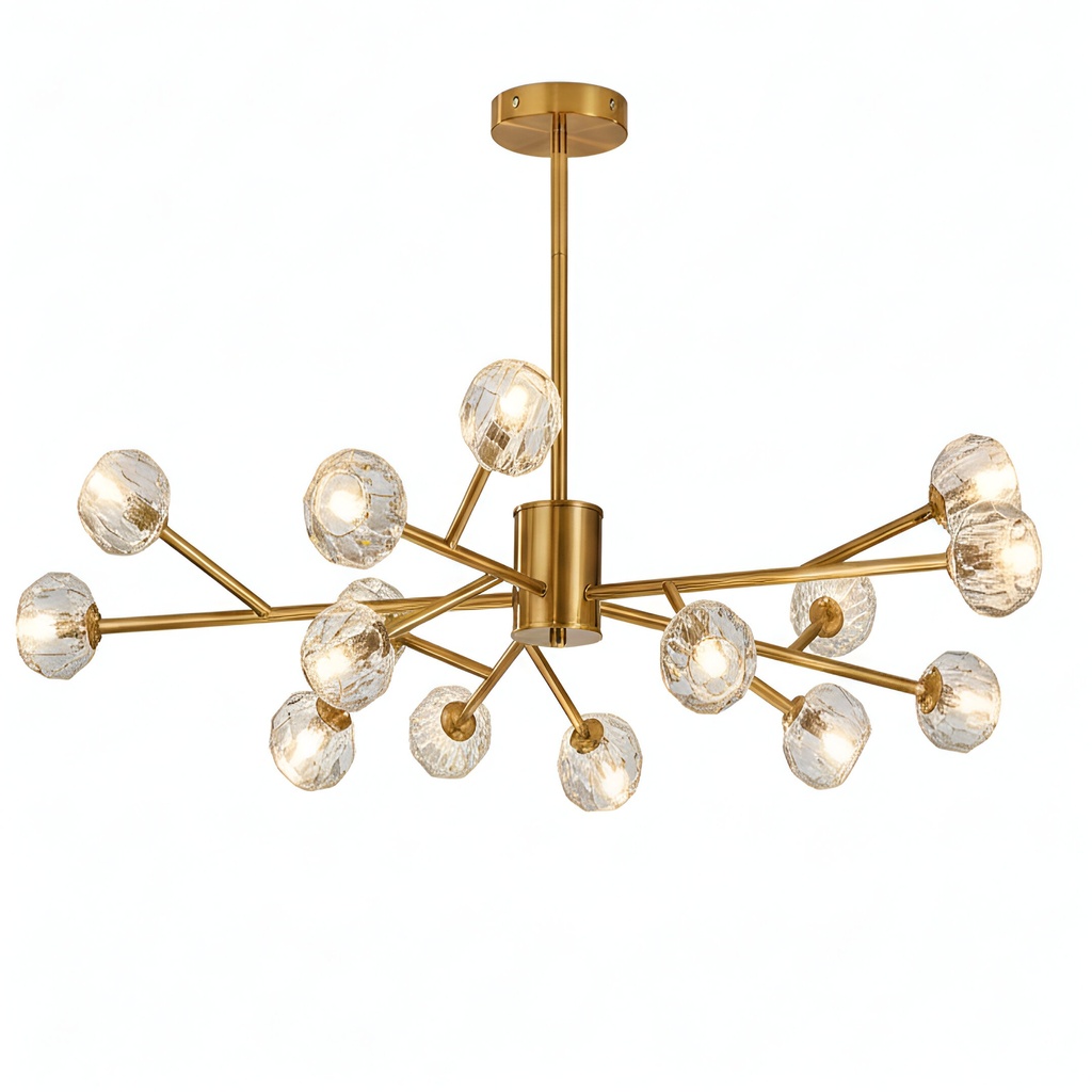 Lustre Diamant 15 lampes en métal doré et verre cristal