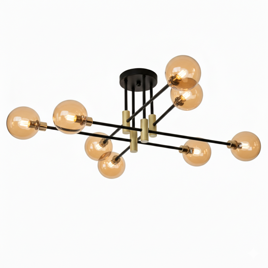 Lustre Skyline 8 lampes métal noir et verre ambré