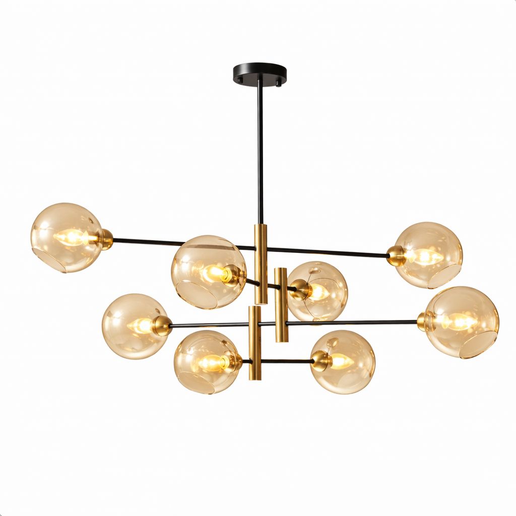 Lustre Aurum 8 lampes métal noir et verre ambré