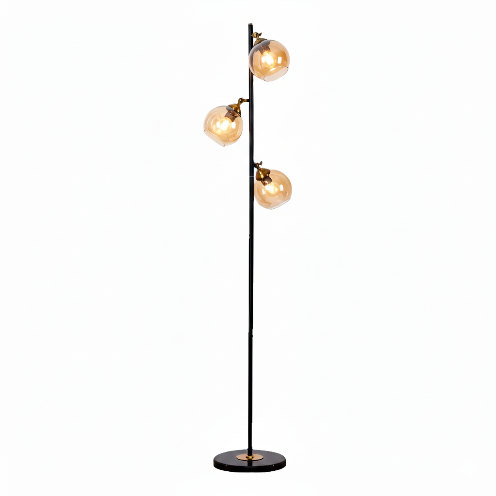 Lampadaire Natura 3 lampes en métal noir et verre ambré
